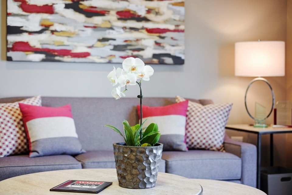 Detail of a gray sofa with red and houndstooth pillows, a white orchid and abstract art in red, black and gray