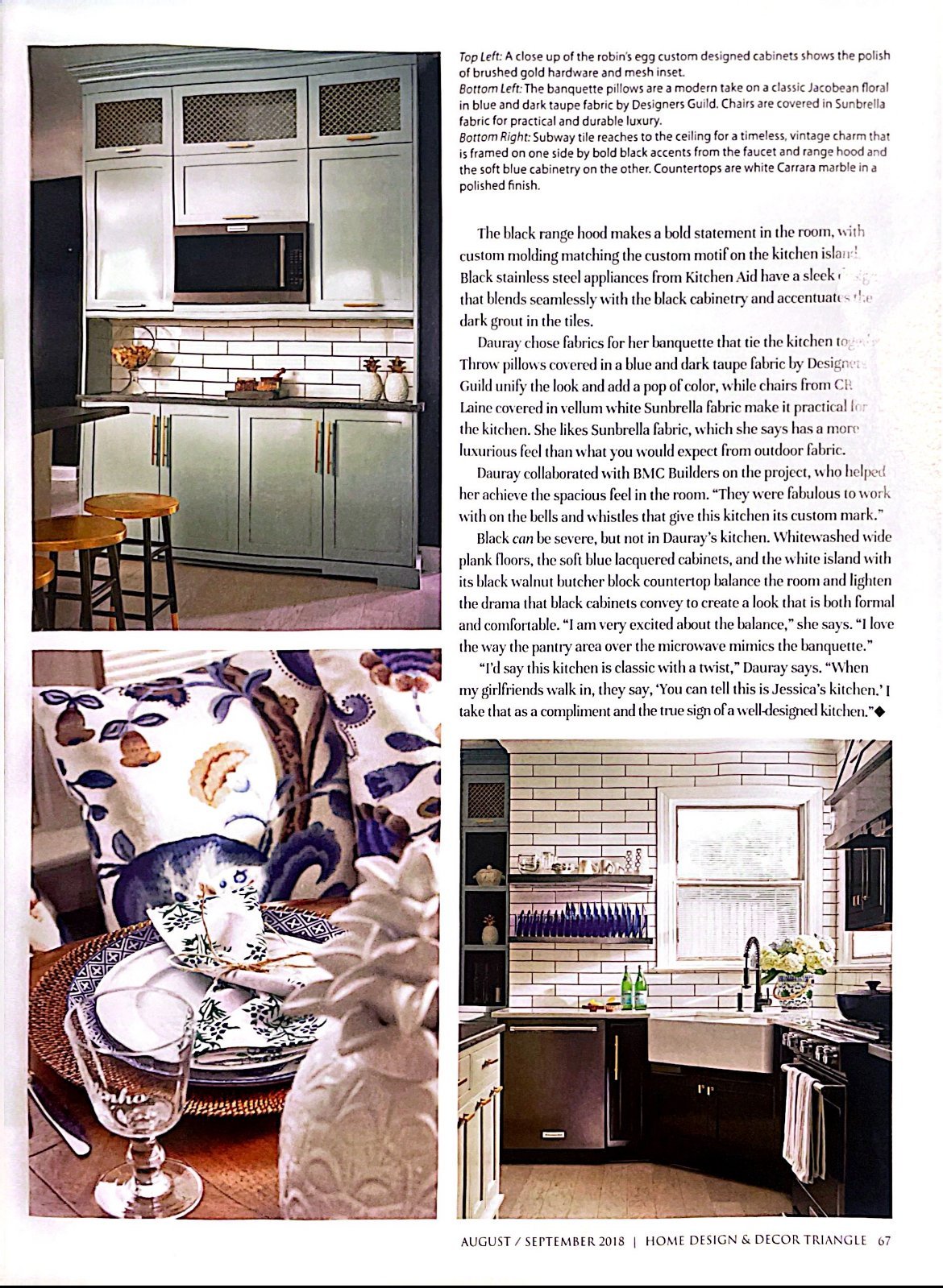 Magazine page with details of robin's egg blue pantry cabinets, a blue floral table setting and the sink wall