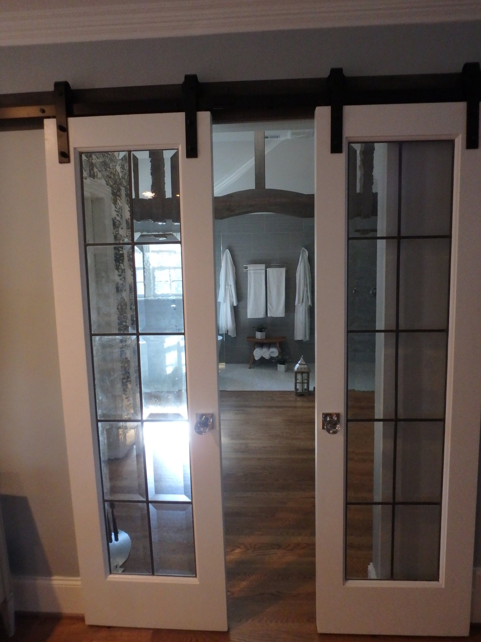 View from the primary bedroom through glass-paned sliding barn doors into the bath