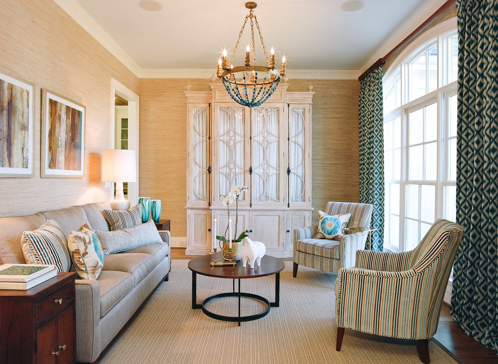 Living room with beaded chandelier